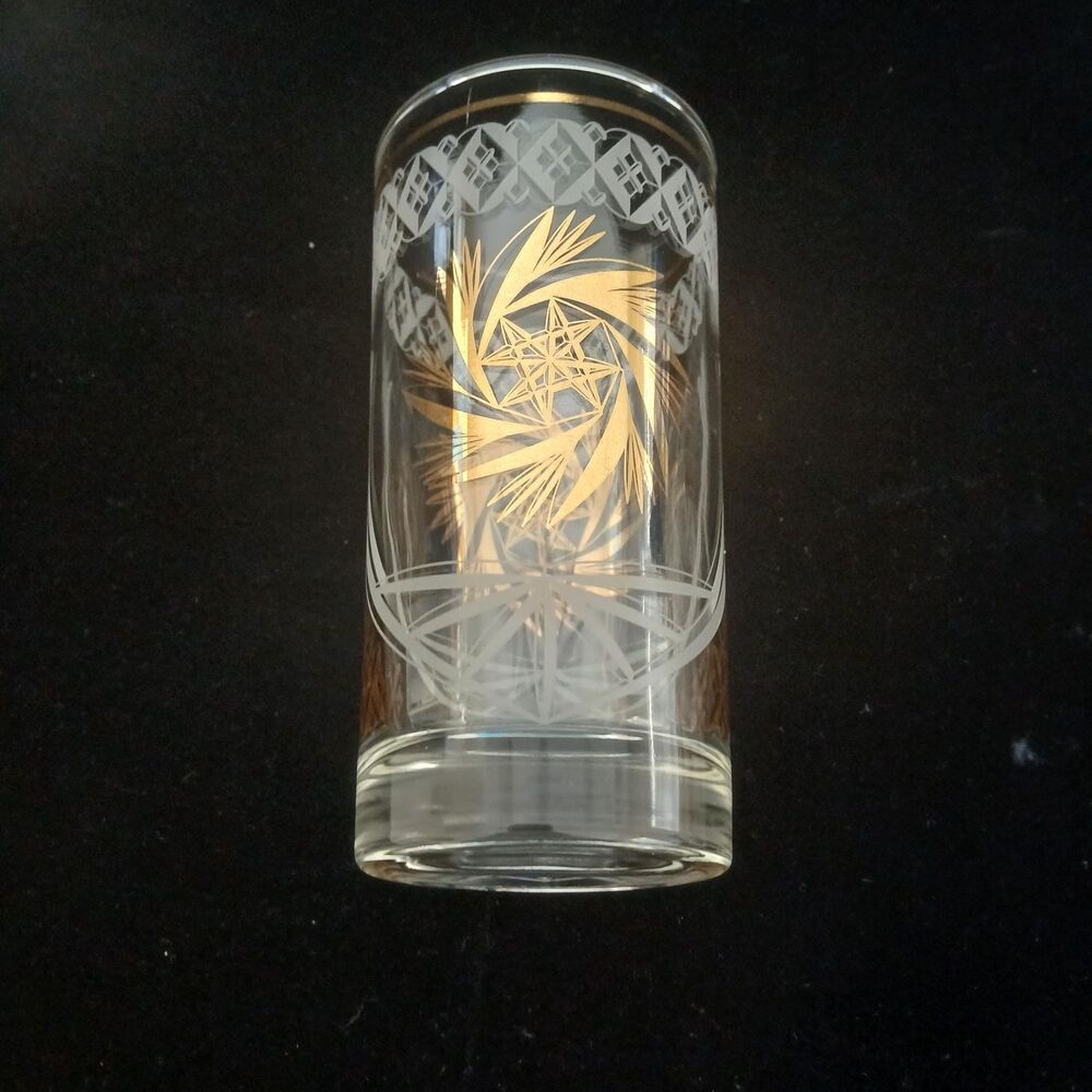 Vintage Dominion Glass Atomic Starburst Highball Glasses Set of 4 MCM Gold White
